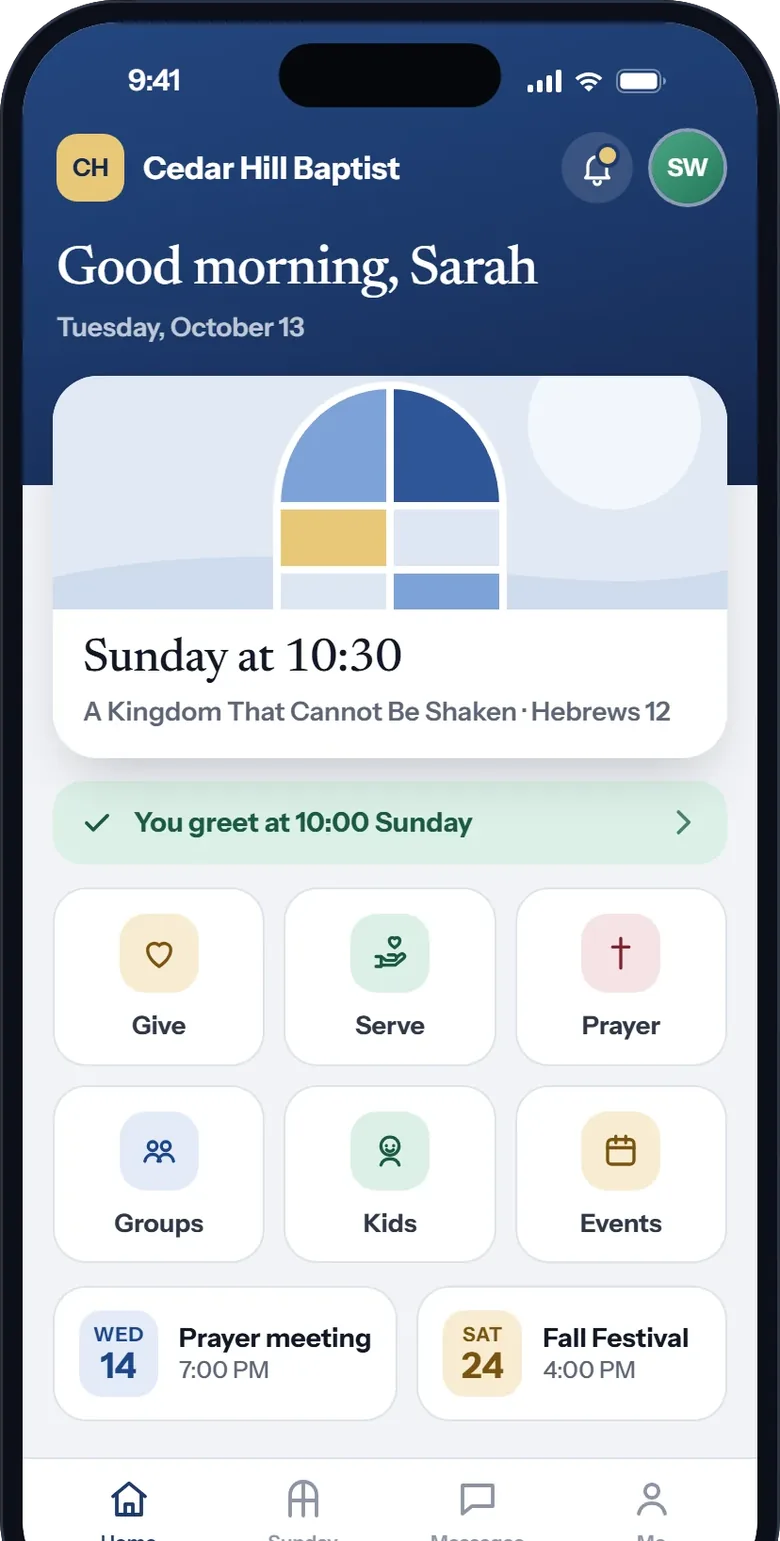 The home screen for a member of the sample church: a greeting, Sunday at 10:30 with the sermon, the member's own serving job, and six tiles