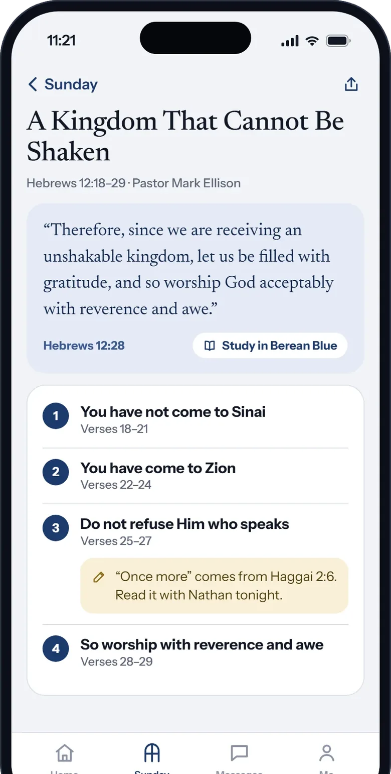 Sermon notes: the key verse, the pastor's four outline points, and the member's own note under one of them