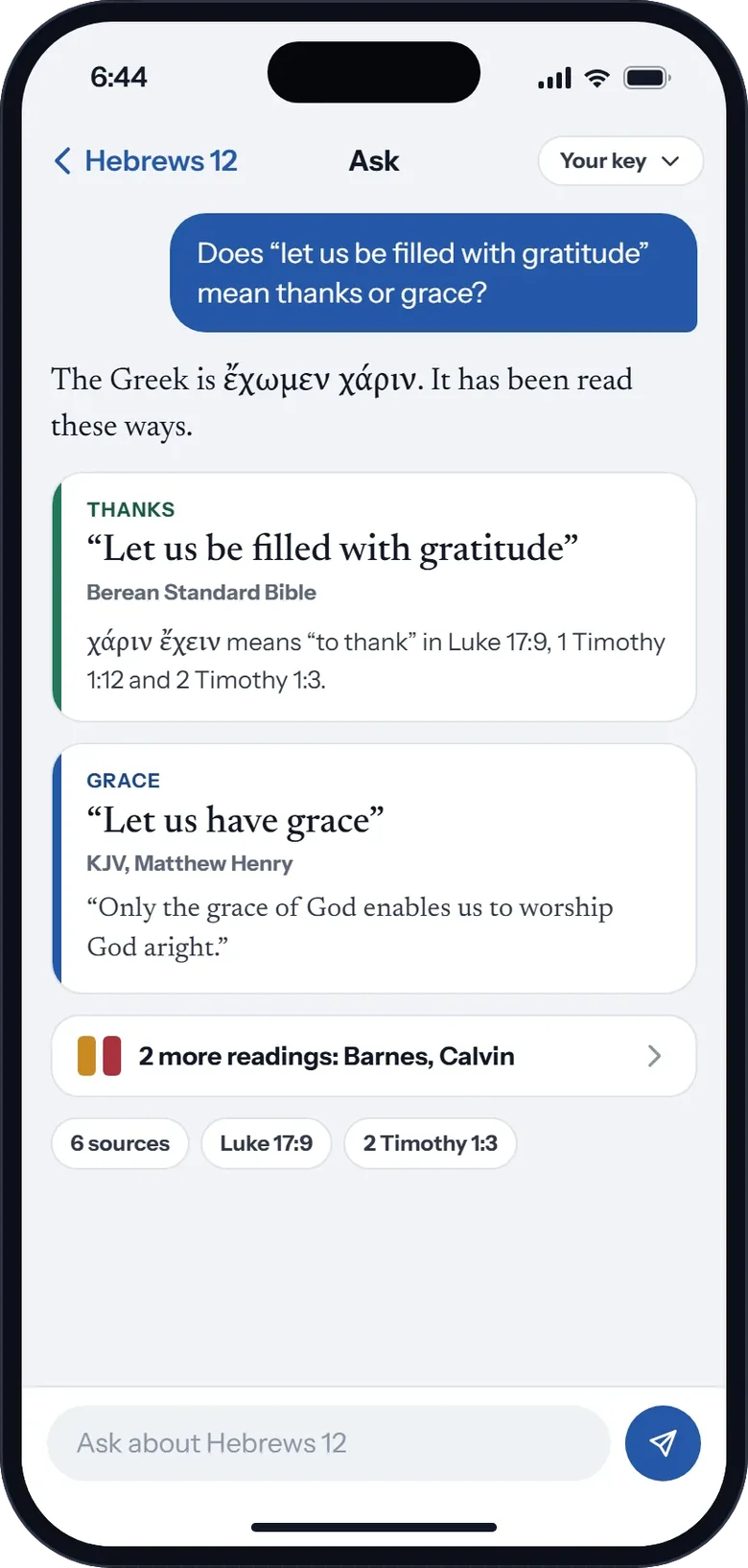 Ask on a phone: a question about one phrase in Hebrews 12:28, answered with two readings, each naming its source