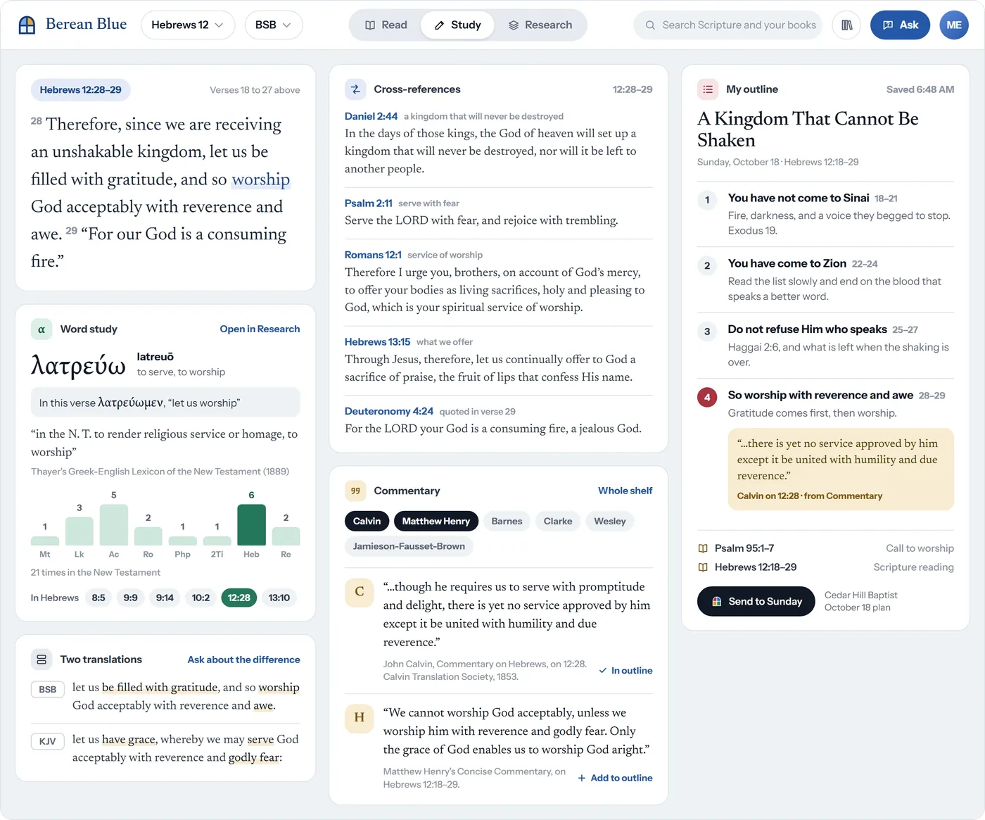 The Study desk: the passage, a word study of the Greek verb for worship with a chart of where it appears, two translations side by side, cross-references, commentary from Calvin and Matthew Henry, and the pastor's outline
